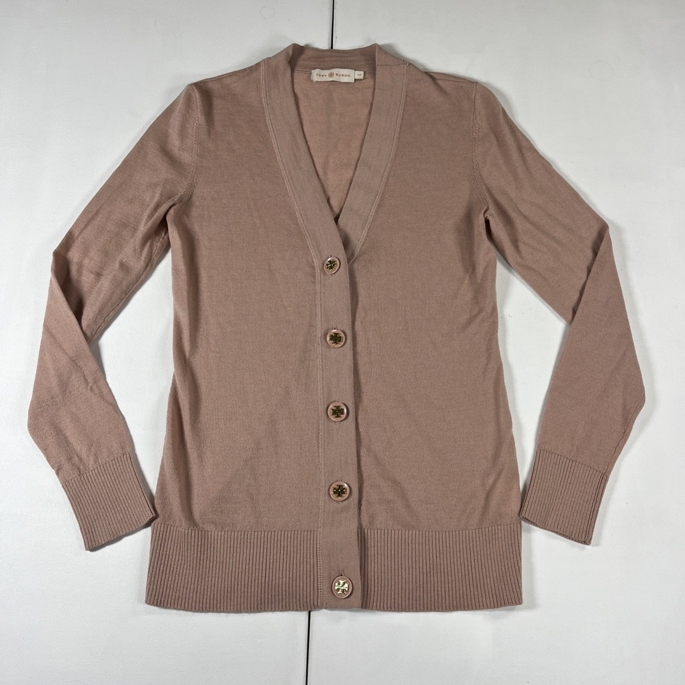 Tory Burch Simone Cardigan Women S Pink Gold 100% Merino Wool Preppy Casual FLAW